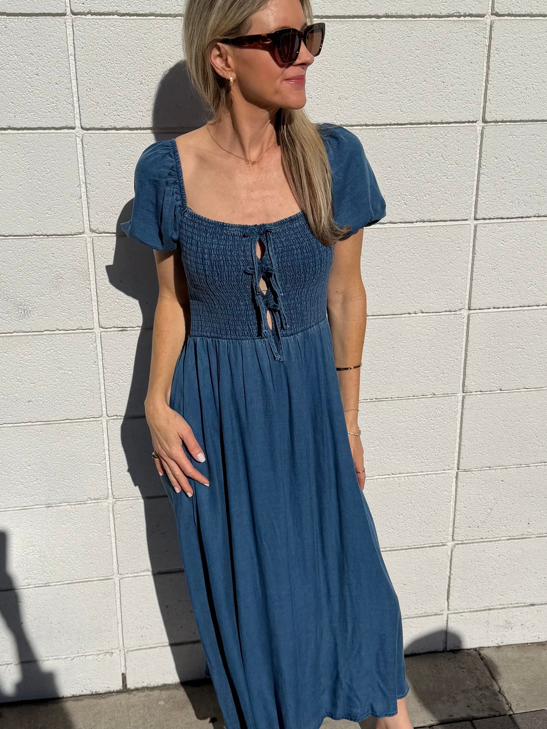 soft denim midi dress KarenMillen Women's Petite Denim Soft Wash Short Sleeve Belted Midi Dress in Mid Blue